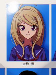Rule 34 | 1girl, ahoge, akamatsu kaede, alternate costume, blonde hair, blue background, blue eyes, blue sailor collar, blue shirt, blush, closed mouth, commentary request, danganronpa (series), danganronpa v3: killing harmony, eighth note, hair ornament, hairclip, highres, long hair, looking at viewer, musical note, neckerchief, nzeneee, photo (object), sailor collar, shirt, smile, solo, upper body, white background