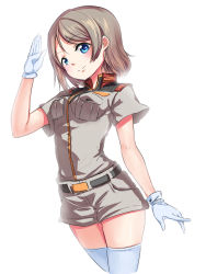 Rule 34 | 1girl, belt, belt buckle, blue eyes, breasts, buckle, commentary, company connection, earth federation, elelele (bpoisoner), gloves, gundam, highres, light brown hair, looking at viewer, love live!, love live! sunshine!!, medium breasts, military, military uniform, mobile suit gundam, salute, short shorts, short sleeves, shorts, sidelocks, solo, sunrise (company), uniform, watanabe you, white gloves, white legwear