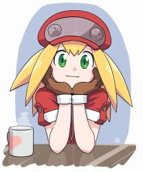 Rule 34 | 1girl, blonde hair, brown gloves, cabbie hat, closed mouth, commentary request, cup, gloves, green eyes, grey background, hair between eyes, hat, heart, highres, jacket, looking at viewer, mega man (series), mega man legends (series), mug, muu (mumumer), red hat, red jacket, roll caskett (mega man), short sleeves, smile, solo, steam, two-tone background, upper body, white background