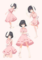 Rule 34 | 1girl, :q, absurdres, animal ears, ankle ribbon, aqoot, arms behind back, barefoot, black hair, blush, bob cut, breasts, carrot necklace, closed mouth, commentary, crossed arms, dot mouth, dress, dress ribbon, floppy ears, frilled dress, frills, full body, grin, hand on wall, hand up, highres, inaba tewi, jewelry, kneeling, leaning forward, leg ribbon, licking lips, looking at viewer, multiple views, necklace, own hands together, parted lips, pendant, pink dress, puffy short sleeves, puffy sleeves, rabbit ears, rabbit girl, red eyes, red ribbon, ribbon, short hair, short sleeves, simple background, small breasts, smile, solo focus, spread legs, standing, standing on one leg, steepled fingers, toes up, tongue, tongue out, touhou, w, waving, white background