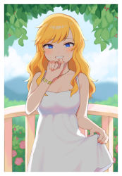 Rule 34 | 1girl, bare arms, bare shoulders, blonde hair, blue eyes, blush, breasts, chiyoko (tykchiyo), collarbone, commentary request, day, dress, flower, grin, highres, idolmaster, idolmaster cinderella girls, long hair, looking at viewer, medium breasts, nail polish, ohtsuki yui, orange nails, outdoors, pink flower, pink rose, rose, smile, solo, tree, wavy hair, white dress