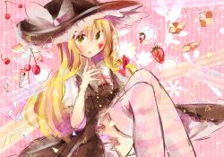 Rule 34 | 1girl, blonde hair, braid, cherry, cookie, food, fruit, hat, hat ribbon, heart, kirisame marisa, long hair, ribbon, side braid, solo, strawberry, striped clothes, striped thighhighs, tamagogayu1998, thighhighs, touhou, witch hat, yellow eyes
