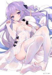 Rule 34 | 1girl, azur lane, bare shoulders, black bow, black ribbon, blush, bow, breasts, cleavage, criss-cross halter, dated, detached sleeves, dress, hair bun, hair ribbon, halterneck, head tilt, long hair, long sleeves, looking at viewer, medium breasts, mimelond, no shoes, one side up, parted lips, purple eyes, purple hair, ribbon, side bun, single hair bun, single side bun, sleeves past wrists, solo, stuffed animal, stuffed pegasus, stuffed toy, stuffed unicorn, stuffed winged unicorn, thighhighs, twitter username, unicorn (azur lane), very long hair, white dress, white thighhighs
