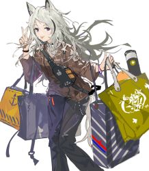 Rule 34 | 1girl, :p, alchemaniac, animal ears, arknights, bag, black pants, brown shirt, feet out of frame, grani (arknights), grey hair, hand up, highres, holding, holding bag, horse ears, horse girl, horse tail, long hair, long sleeves, pants, purple eyes, shirt, shopping bag, simple background, solo, tail, tongue, tongue out, v, white background
