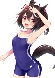 Rule 34 | 1girl, absurdres, animal ears, arm up, armpits, blush, breasts, collarbone, commentary request, hair between eyes, highres, horse ears, horse girl, horse tail, kitasan black (umamusume), looking at viewer, medium breasts, miso (misomiso 154), open mouth, red eyes, school swimsuit, short hair, simple background, solo, swimsuit, tail, umamusume, white background, aged down