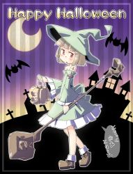 Rule 34 | 1girl, arnest, bat (animal), crescent moon, detached sleeves, dress, frills, grey hair, halloween, happy halloween, hat, highres, jack-o&#039;-lantern, looking at viewer, moon, original, pumpkin, red eyes, solo, staff, strapless, strapless dress, striped, striped background, trick or treat, witch, witch hat