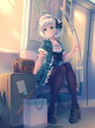 Rule 34 | 1girl, alternate costume, alternate headwear, bag, black pantyhose, breasts, brown footwear, chinese text, cleavage, commentary request, expressionless, green eyes, green shirt, green skirt, hairband, highres, knees together feet apart, konpaku youmu, loafers, lolita hairband, looking to the side, mechrailgun, medium breasts, open clothes, open shirt, orange sky, pantyhose, partial commentary, petticoat, route map, sash, school bag, shirt, shoes, shopping bag, short hair, short sleeves, silver hair, sitting, skirt, sky, solo, suitcase, touhou, train interior, twilight