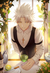 Rule 34 | 1boy, absurdres, alternate costume, amakusa shirou (fate), black vest, collared shirt, cross, cross necklace, dark-skinned male, dark skin, earrings, elaine-didaea, fate/grand order, fate (series), highres, jewelry, long sleeves, male focus, necklace, priest, shirt, short hair, smile, vest, white hair, yellow eyes