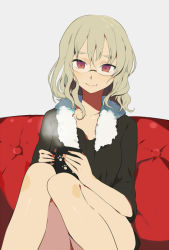 Rule 34 | 1girl, bad id, bad pixiv id, blonde hair, coffee mug, couch, cup, fur trim, harano, holding, looking at viewer, mug, nail polish, no pants, original, red eyes, red upholstery, short hair, sitting, smile, solo, steam, towel