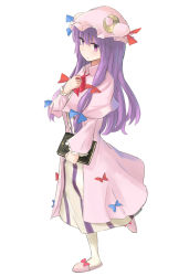 Rule 34 | 1girl, ascot, book, crescent, hair ribbon, hat, highres, hinami047, holding, holding book, long hair, looking at viewer, mob cap, patchouli knowledge, purple eyes, purple hair, ribbon, slippers, solo, touhou, walking, white background