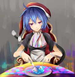 Rule 34 | 1girl, blue eyes, blue hair, chair, doremy sweet, dream soul, fork, hat, houdukixx, knife, matching hair/eyes, nightcap, plate, pom pom (clothes), purple hair, short hair, solo, table, tail, tongue, tongue out, touhou, wristband
