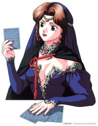 Rule 34 | 1990s (style), 1996, 1girl, blue dress, blue eyes, breasts, cape, card, cleavage, copyright notice, dated, dress, highres, holding, holding card, long sleeves, looking at object, medium breasts, nail polish, pc engine fan, red lips, red nails, retro artstyle, simple background, solo, takada akemi, veil, white background