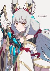 Rule 34 | 1girl, animal ear fluff, animal ears, arm up, bare shoulders, blush, closed mouth, commentary request, copyright name, detached sleeves, dress, gloves, grey background, grey hair, hinoyama kou, holding, holding sword, holding weapon, long hair, long sleeves, looking at viewer, low twintails, nia (blade) (xenoblade), nia (xenoblade), orange eyes, simple background, solo, sword, twintails, very long hair, weapon, white dress, white gloves, white sleeves, wide sleeves, xenoblade chronicles (series), xenoblade chronicles 2
