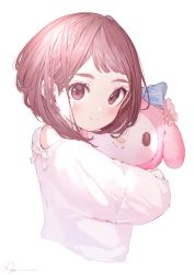 Rule 34 | 1girl, bad id, bad twitter id, blue bow, boku no hero academia, bow, brown eyes, brown hair, closed mouth, cropped torso, from behind, highres, holding, holding stuffed toy, hugging object, long sleeves, looking at viewer, looking back, medium hair, my melody, onegai my melody, ryota (ry o ta), sanrio, shirt, signature, simple background, smile, solo, stuffed animal, stuffed toy, swept bangs, upper body, uraraka ochako, white background, white shirt