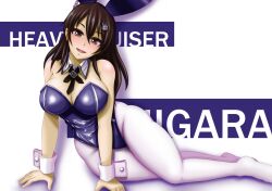 Rule 34 | adapted costume, animal ears, arm support, ashigara (kancolle), black necktie, bow, bowtie, breasts, brown eyes, brown hair, cleavage, commentary request, detached collar, kantai collection, kuma (saku), large breasts, legs, leotard, looking at viewer, necktie, no shoes, pantyhose, playboy bunny, purple leotard, rabbit ears, sitting, white pantyhose, wrist cuffs, yokozuwari