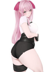 1girl ass bare_shoulders blush breasts fingerless_gloves from_behind gloves goddess_of_victory:_nikke hair_ribbon huge_ass large_breasts long_hair looking_at_viewer ndoon pink_eyes pink_hair ribbon short_shorts shorts sideboob smile solo thick_thighs thigh_strap thighs very_long_hair yuni_(nikke)