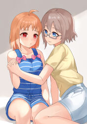 Rule 34 | 2girls, absurdres, ahoge, blue eyes, blush, bow, brown hair, commentary request, feza chen (ushaku), glasses, highres, holding hands, looking at another, love live!, love live! sunshine!!, medium hair, multiple girls, orange hair, red eyes, shirt, shirt bow, shirt tucked in, short hair, short sleeves, shorts, sitting, smile, striped clothes, striped shorts, striped tank top, t-shirt, takami chika, tank top, watanabe you, yuri