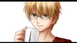 Rule 34 | 1boy, arthur pendragon (fate), bespectacled, blonde hair, casual, chien zero, command spell, cup, fate/prototype, fate (series), glasses, green eyes, letterboxed, male focus, mug, short hair, solo, white background