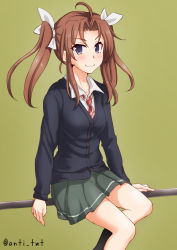 Rule 34 | 1girl, alternate costume, anti (untea9), bar (place), black cardigan, black socks, brown hair, cardigan, commentary request, feet out of frame, gradient background, green background, grey skirt, hair ribbon, highres, kagerou (kancolle), kagerou kai ni (kancolle), kantai collection, kneehighs, long hair, looking at viewer, pleated skirt, purple eyes, red neckwear, ribbon, school uniform, sitting, skirt, smile, socks, solo, striped neckwear, twintails, twitter username, white ribbon