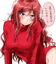 Rule 34 | 10s, 1girl, aged up, alternate hair length, alternate hairstyle, blush, breasts, close-up, closed mouth, heattech leotard, highres, large breasts, leotard, long hair, long sleeves, love live!, love live! school idol project, nishikino maki, purple eyes, red hair, red leotard, red sweater, shogo (4274732), simple background, solo, sweater, translated, turtleneck, white background