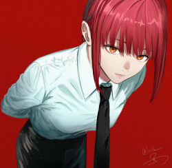 Rule 34 | 1girl, arms behind back, black necktie, black pants, braid, braided ponytail, breasts, chainsaw man, collared shirt, formal, highres, isshiki (ffmania7), leaning forward, long hair, looking at viewer, makima (chainsaw man), medium breasts, necktie, pants, red background, red hair, ringed eyes, shirt, skirt, solo, suit, twitter username, white shirt, yellow eyes