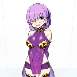 Rule 34 | 1girl, :d, arms behind back, black thighhighs, breasts, chan co, cosplay, covered navel, cowboy shot, earrings, elbow gloves, fate/grand order, fate (series), flying sweatdrops, glasses, gloves, hair over one eye, hair ribbon, jewelry, kama (fate), kama (fate) (cosplay), kama (first ascension) (fate), large breasts, looking at viewer, mash kyrielight, microskirt, open mouth, pelvic curtain, purple eyes, purple gloves, purple hair, ribbon, short hair, simple background, skirt, smile, solo, thighhighs