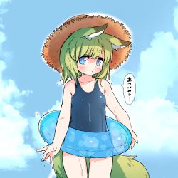 Rule 34 | 1girl, animal ear fluff, animal ears, blue eyes, blue one-piece swimsuit, blush, child, cowboy shot, done (donezumi), dripping, fox ears, fox tail, green hair, hat, highres, innertube, medium hair, one-piece swimsuit, original, outdoors, school swimsuit, solo, standing, straw hat, swim ring, swimsuit, tail, thick eyebrows, wet