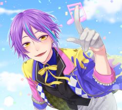 Rule 34 | 1boy, blonde hair, blue hair, closed mouth, highres, kamishiro rui, long sleeves, looking at viewer, male focus, multicolored hair, multiple boys, open mouth, project sekai, purple hair, shirt, short hair, smile, streaked hair, two-tone hair, yellow eyes, yuyht1758