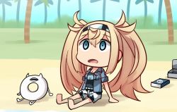 Rule 34 | 1girl, abyssal ship, barefoot, beach, blonde hair, blue eyes, book, box, breasts, chibi, day, empty eyes, enemy lifebuoy (kancolle), gambier bay (kancolle), hair between eyes, hairband, horns, ido (teketeke), kantai collection, long hair, open box, open mouth, palm tree, shaded face, shadow, shirt, short sleeves, shorts, sitting, t-shirt, tree, twintails, wide-eyed