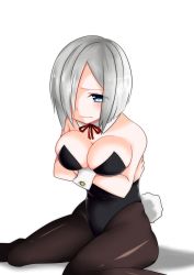 Rule 34 | 10s, 1girl, absurdres, blue eyes, bow, bowtie, rabbit tail, detached collar, frown, hair over one eye, hamakaze (kancolle), highres, kantai collection, maccha (matcha69), pantyhose, playboy bunny, self hug, short hair, silver hair, solo, tail, thighs, wrist cuffs