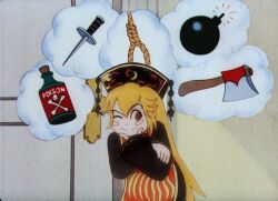 Rule 34 | 1girl, arghthree, axe, black dress, blonde hair, blush stickers, bomb, chinese clothes, crescent, dress, explosive, hand on own face, junko (touhou), knife, long hair, long sleeves, noose, one eye closed, orange hair, phoenix crown, poison, red eyes, red tabard, smile, solo, tabard, thinking, thought bubble, touhou