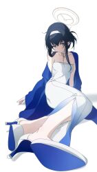 Rule 34 | 1girl, absurdres, black hair, blue archive, blue dress, breasts, colored shoe soles, dress, expressionless, foreshortening, full body, gradient dress, grey eyes, hairband, halo, high heels, highres, jewelry, long hair, looking at viewer, necklace, no socks, shawl, sidelocks, simple background, single bare shoulder, sitting, small breasts, solo, strapless, two-tone dress, ui (blue archive), usurai rairai, white background, white dress, white hairband