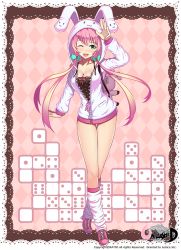 Rule 34 | 1girl, :3, :d, animal bag, animal ears, animal hood, argyle, argyle background, argyle clothes, bad id, bad pixiv id, blush, border, bow, breasts, cleavage, copyright name, crossed legs, dice, fang, full body, green eyes, hood, hooded jacket, jacket, lace, lace border, leg warmers, long hair, long legs, long sleeves, looking at viewer, one eye closed, open mouth, ornate border, pink background, pink footwear, pink hair, polka dot, pom pom (clothes), rabbit ears, rabbit hood, ratio (ratio-d), red bow, scrunchie, shoes, smile, solo, standing, stuffed animal, stuffed rabbit, stuffed toy, text focus, twintails, unleashed