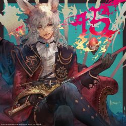 Rule 34 | 1boy, animal ears, black gloves, boots, copyright notice, crossed legs, facial mark, final fantasy, final fantasy xiv, gloves, grey hair, hair between eyes, highres, holding, holding sword, holding weapon, long hair, official art, open mouth, rabbit ears, red eyes, red mage (final fantasy), signature, sitting, solo, sword, thigh boots, thighhighs, viera, warrior of light (ff14), weapon