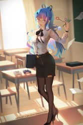 Rule 34 | 1girl, :d, ai-chan (playstation), bespectacled, black footwear, black ribbon, blue eyes, blue hair, brown pantyhose, chair, chalkboard, collared shirt, commentary, desk, english commentary, game console, glasses, gradient hair, hair ornament, high heels, highres, holding, long sleeves, looking at viewer, miniskirt, multicolored hair, neck ribbon, open mouth, pantyhose, pencil skirt, playstation 4, ponytail, purple hair, red pupils, ribbon, school, school chair, school desk, shirt, skirt, smile, solo, sony, teacher, vofan, watch, watermark, white shirt, wing collar, wristwatch