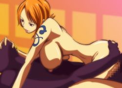 Rule 34 | 1girl, bracelet, breasts, cahlacahla, censored, cowgirl position, girl on top, jewelry, large breasts, nami (one piece), nude, one piece, orange hair, red eyes, sex, short hair, sitting, sitting on lap, sitting on person, straddling, tattoo, tongue, vaginal