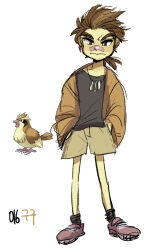 1boy bandaid bandaid_on_face bandaid_on_nose black_eyes black_shirt black_socks brown_hair brown_jacket brown_shorts creatures_(company) full_body game_freak gen_1_pokemon hands_in_pockets jacket jewelry long_sleeves looking_at_viewer male_focus necklace nintendo personification pidgey pokemon pokemon_(creature) ponytail purple_footwear reference_inset shirt shorts simple_background socks standing tamtamdi translated white_background