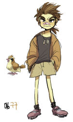 Rule 34 | 1boy, bandaid, bandaid on face, bandaid on nose, black eyes, black shirt, black socks, brown hair, brown jacket, brown shorts, creatures (company), full body, game freak, gen 1 pokemon, hands in pockets, jacket, jewelry, long sleeves, looking at viewer, male focus, necklace, nintendo, personification, pidgey, pokemon, pokemon (creature), ponytail, purple footwear, reference inset, shirt, shorts, simple background, socks, standing, tamtamdi, translated, white background