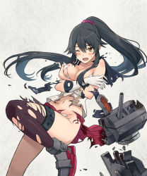 Rule 34 | 10s, 1girl, asymmetrical legwear, black hair, black thighhighs, blush, breasts, brown eyes, cleavage, collarbone, covering privates, covering breasts, exploding clothes, ezusuke, gloves, kantai collection, large breasts, long hair, machinery, navel, one eye closed, open mouth, ponytail, school uniform, scrunchie, serafuku, sidelocks, single thighhigh, skirt, solo, sweat, thighhighs, torn clothes, turret, uneven legwear, very long hair, white gloves, yahagi (kancolle)