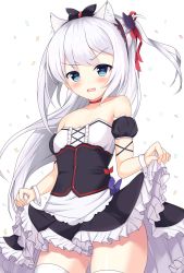 Rule 34 | 1girl, animal ears, arms at sides, azur lane, bad id, bad pixiv id, bare shoulders, black bow, black dress, blue eyes, blush, bow, breasts, cat ears, cat hair ornament, choker, cleavage, clothes lift, collarbone, confetti, cowboy shot, cross-laced clothes, detached sleeves, dress, fang, frilled dress, frills, hair bow, hair ornament, hair ribbon, hairband, hammann (azur lane), highres, kyuujou komachi, lifted by self, long hair, looking at viewer, one side up, open mouth, parted lips, puffy short sleeves, puffy sleeves, red choker, red ribbon, remodel (azur lane), ribbon, short sleeves, skirt, skirt hold, skirt lift, small breasts, solo, thighhighs, v-shaped eyebrows, very long hair, white background, white hair, white thighhighs, zettai ryouiki