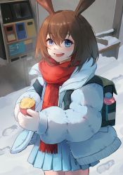 Rule 34 | 1girl, :d, absurdres, amiya (arknights), animal ears, arknights, atm, backpack, bag, blue eyes, blue jacket, blue skirt, bottle, brown hair, chinese commentary, commentary request, day, food, footprints, fringe trim, highres, holding, holding food, jacket, long sleeves, looking at viewer, mittens, open clothes, open jacket, open mouth, outdoors, pleated skirt, puffy long sleeves, puffy sleeves, rabbit ears, red scarf, roasted sweet potato, scarf, siyu csy, skirt, sleeves past wrists, smile, snow, solo, standing, sweet potato, white mittens, roasted sweet potato