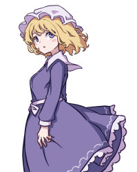 Rule 34 | 1girl, absurdres, blonde hair, collar, dress, frilled dress, frills, from side, hat, highres, kame (kamepan44231), long sleeves, looking at viewer, maribel hearn, mob cap, one-hour drawing challenge, open mouth, purple dress, purple eyes, simple background, solo, touhou, white background, white collar