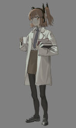 Rule 34 | 1girl, a.i. voice, adachi rei, alternate costume, black footwear, black pantyhose, book, book stack, brown skirt, chestnut mouth, coke-bottle glasses, collared shirt, commentary, cup, dress shirt, full body, glasses, hair ribbon, headlamp, headphones, highres, holding, holding book, holding cup, lab coat, loafers, long sleeves, looking at viewer, looking over eyewear, mug, one side up, open mouth, orange eyes, orange hair, pantyhose, pencil skirt, radio antenna, raised eyebrows, ribbon, shirt, shirt tucked in, shoes, sideways glance, skirt, solo, sqq, standing, utau, white ribbon, white shirt