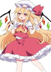 Rule 34 | 1girl, :d, alternate hair length, alternate hairstyle, arms up, ascot, blonde hair, blush, breasts, bright pupils, buttons, crystal, fang, fingernails, flandre scarlet, frilled shirt collar, frilled skirt, frills, hair between eyes, hat, hat ribbon, highres, knees, long hair, looking at viewer, mob cap, one side up, open mouth, puffy short sleeves, puffy sleeves, red ribbon, red skirt, red vest, ribbon, shirt, short sleeves, side ponytail, sidelocks, simple background, skin fang, skirt, smile, solo, standing, touhou, tsukimirin, vest, white background, white hat, white pupils, white shirt, wings, wrist cuffs, yellow ascot, ||/