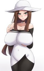 Rule 34 | 1girl, absurdres, beauty (pokemon), breasts, brown hair, creatures (company), game freak, green eyes, hand on breast, hat, highres, holding, jewelry, large breasts, long hair, looking at viewer, mistynight, necklace, nintendo, pokemon, pokemon masters ex, white background