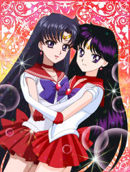 Rule 34 | 10s, 2girls, bishoujo senshi sailor moon, bishoujo senshi sailor moon crystal, black hair, bow, choker, circlet, comparison, dual persona, earrings, elbow gloves, gloves, gradient background, hino rei, holding, jewelry, leotard, long hair, looking at viewer, magical girl, miniskirt, mizuha (aqua no hane), multiple girls, official style, parted bangs, pleated skirt, purple eyes, red skirt, sailor collar, sailor mars, skirt, sparkle, star (symbol), star earrings, tiara, toei animation, very long hair, white gloves
