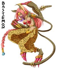 Rule 34 | 1girl, :q, animal ears, anklet, arabian clothes, arai nobu, armlet, bastemon, bracelet, braid, breasts, cat ears, cat tail, claws, cleavage, digimon, digimon (creature), digimon xros wars, earrings, gem, hair ornament, harem pants, jewelry, long hair, lots of jewelry, multiple tails, navel, necklace, pants, pink hair, ring, simple background, single braid, solo, tail, text focus, tiara, toe ring, tongue, tongue out, veil, very long hair, yellow eyes