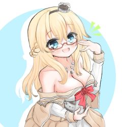 Rule 34 | 1girl, bespectacled, blonde hair, blue eyes, braid, breasts, cleavage, commentary request, corset, cowboy shot, crown, dress, flower, french braid, glasses, globus cruciger, kantai collection, kasashi (kasasi008), large breasts, long hair, long sleeves, looking at viewer, mini crown, off-shoulder dress, off shoulder, red-framed eyewear, red flower, red ribbon, red rose, ribbon, rose, semi-rimless eyewear, smile, solo, two-tone background, under-rim eyewear, warspite (kancolle), white dress