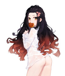 Rule 34 | 1girl, absurdres, ass, black hair, bottomless, bow, breasts, brown eyes, cowboy shot, de yi, food in mouth, from side, hair bow, highres, kamado nezuko, kimetsu no yaiba, long hair, long sleeves, looking at viewer, looking to the side, medium breasts, multicolored hair, naked shirt, red hair, see-through, shirt, sidelocks, simple background, solo, standing, two-tone hair, variant set, wet, wet clothes, wet shirt, white background, white shirt