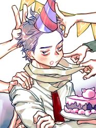 Rule 34 | 1boy, bags under eyes, blush, boku no hero academia, cake, fingernails, food, food on face, grey scarf, hand on another&#039;s shoulder, happy birthday, hat, holding, holding plate, male focus, necktie, oru 2ji, out of frame, party hat, plate, purple hair, red necktie, scarf, scarf pull, shinsou hitoshi, shirt, short hair, solo focus, string of flags, v, white shirt